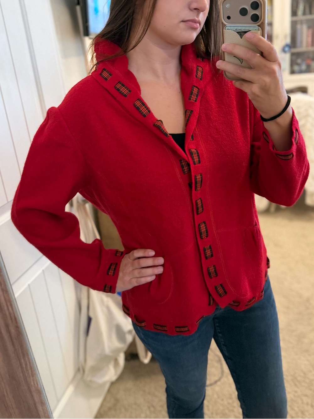 Coldwater Creek Red Women's Knit Cardigan with Plaid Trim